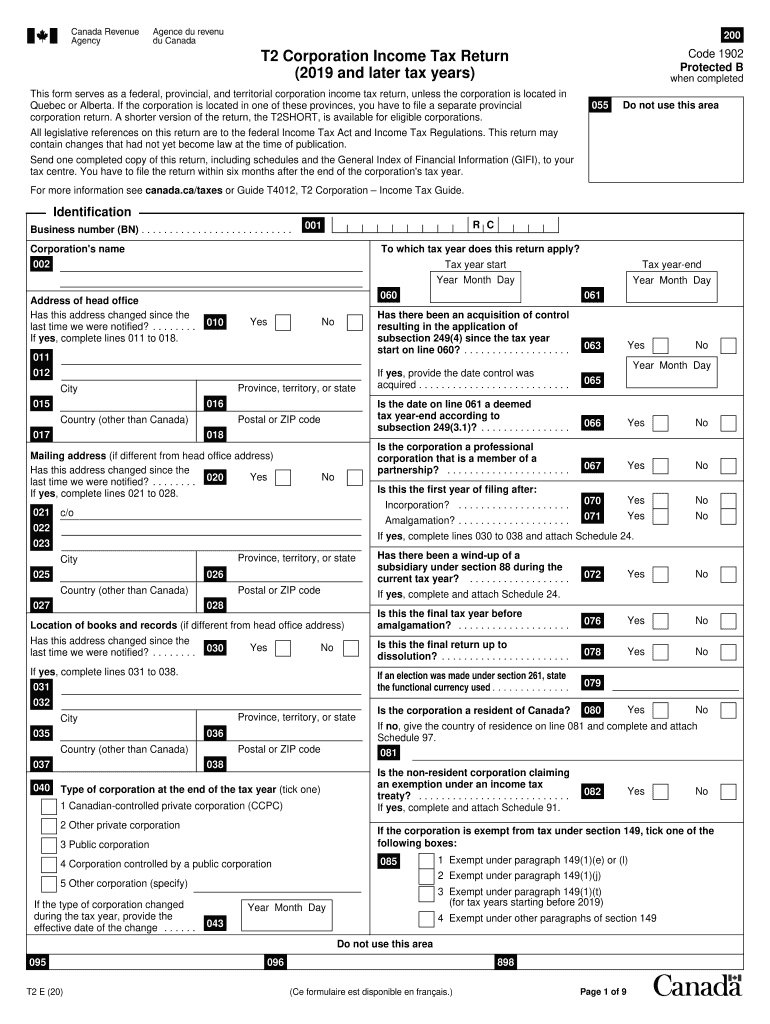 2020 2023 Form Canada T2 Corporation Income Tax ReturnFill Online 