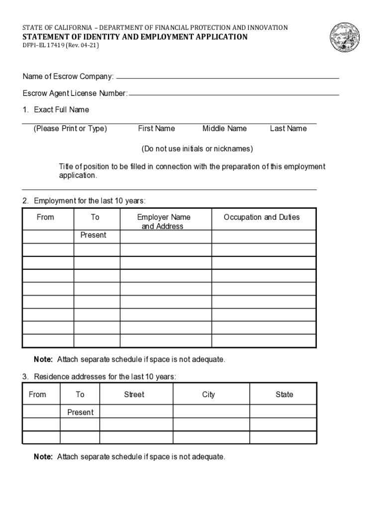 Statement of Identity and Employment Application DBO-EL 17419 DBOEL 17419 (Rev 5-17) Preview on Page 1