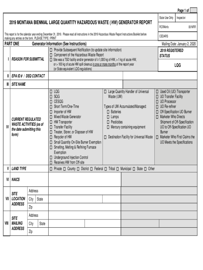 Fillable Online deq mt 2019 MONTANA BIENNIAL LARGE QUANTITY HAZARDOUS WASTE ( HW) GENERATOR