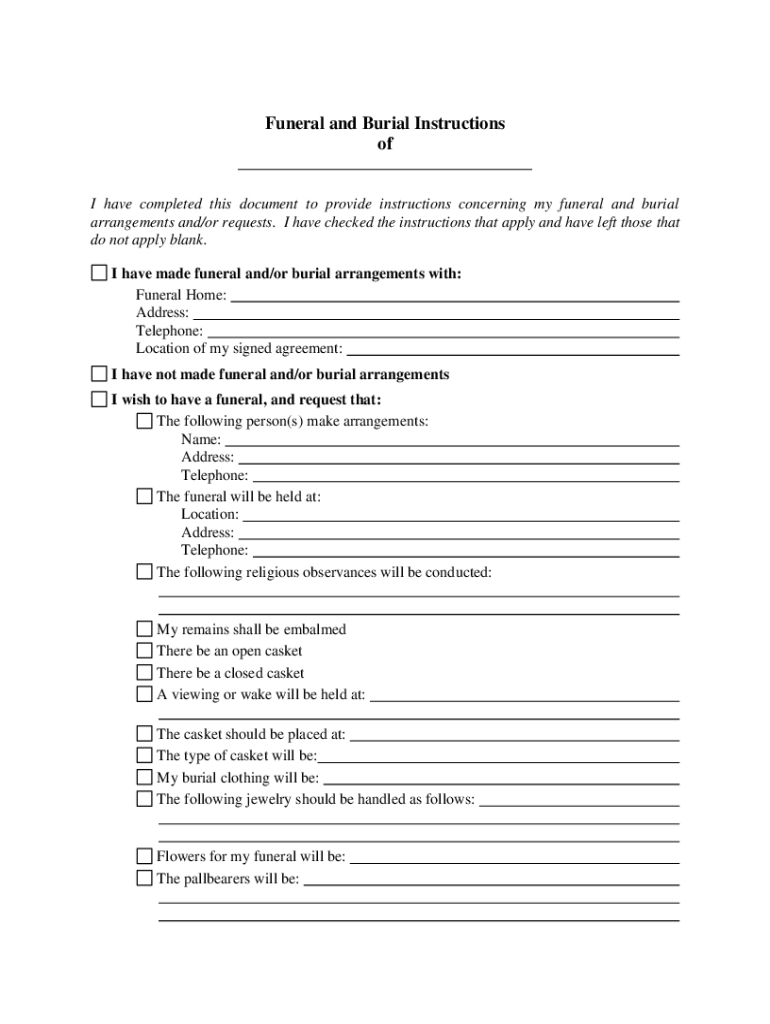 Fillable online funeral and burial instructions healthcare and elder