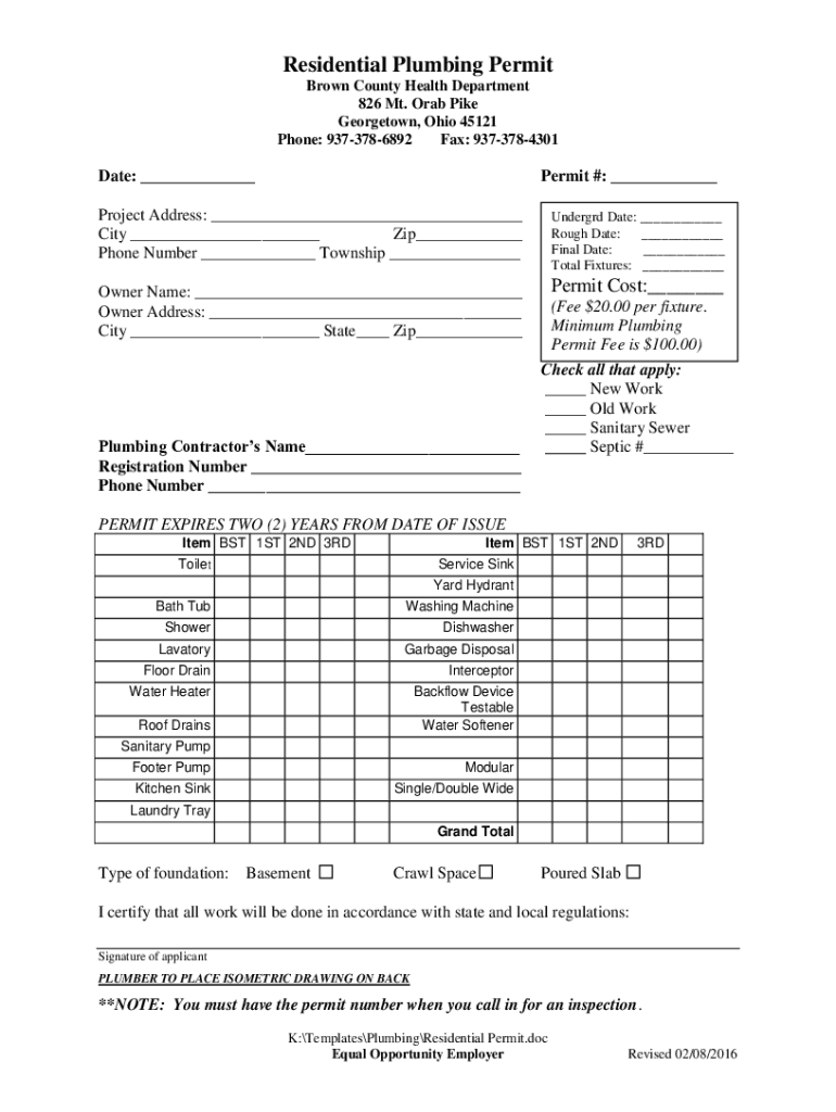 Residential Plumbing Permit Brown County Health Department Fill and