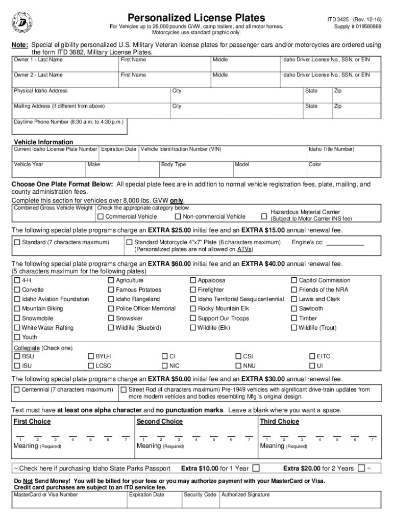 Idaho Personalized License Plates Application Preview on Page 1