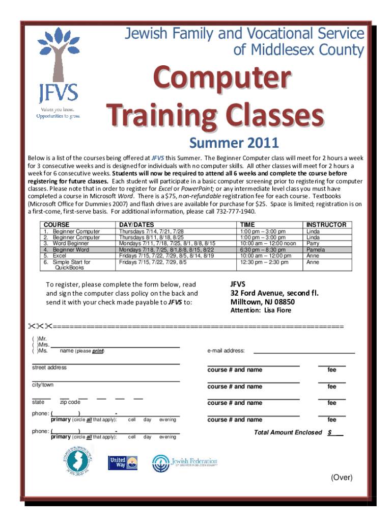 Fillable Online Summer 2011 computer class registration form Fax Email ...