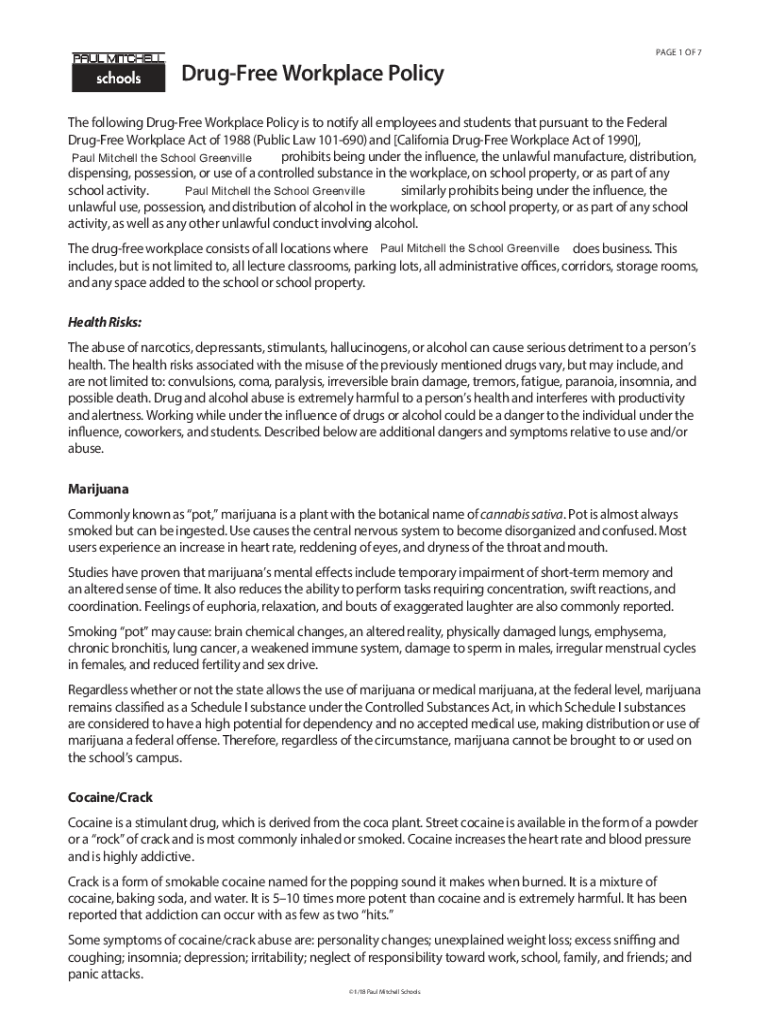 Fillable Online DrugFree Workplace Act of 1988 (Public Law 101690