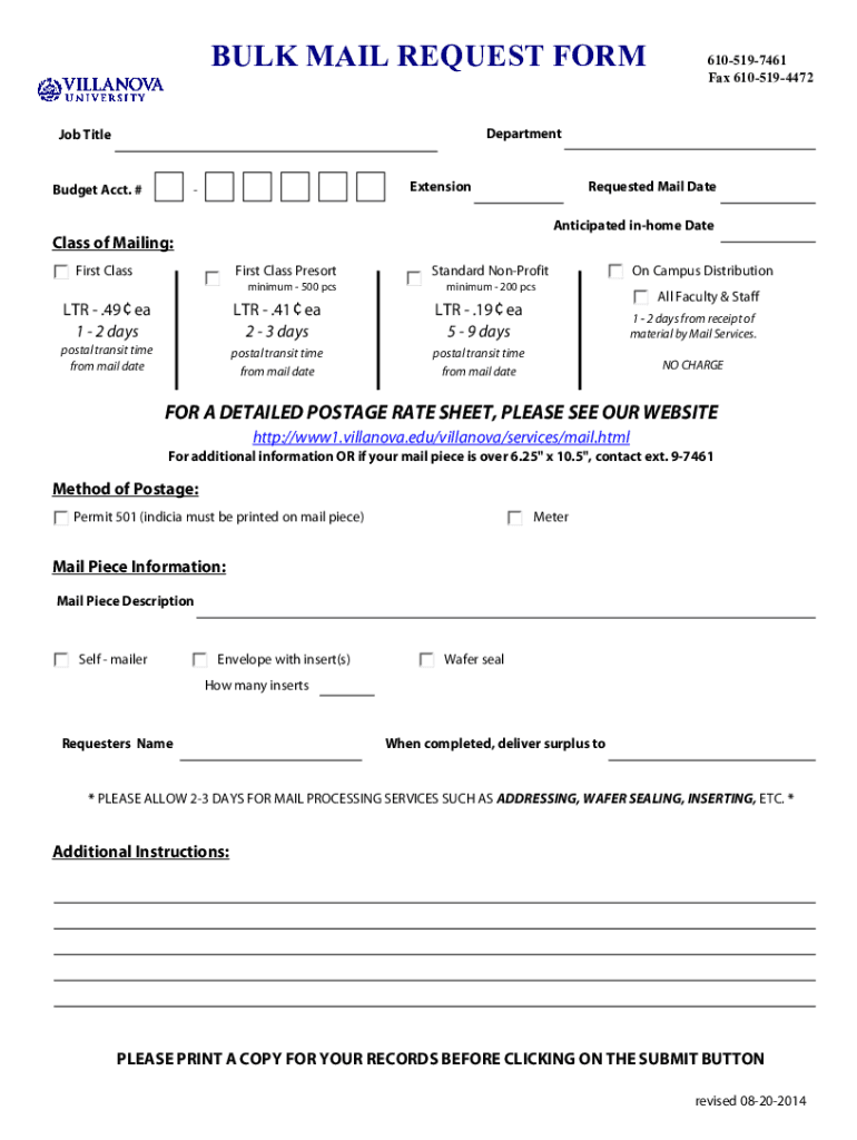 Fillable Online www1 villanova BULK MAIL REQUEST FORM 6105197461 Fax