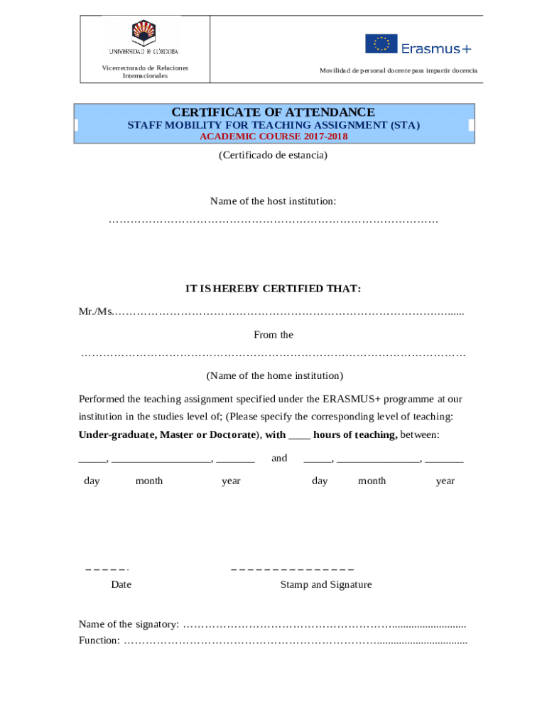 STAFF MOBILITY FOR TRAINING Certificate of Attendance Doc Template