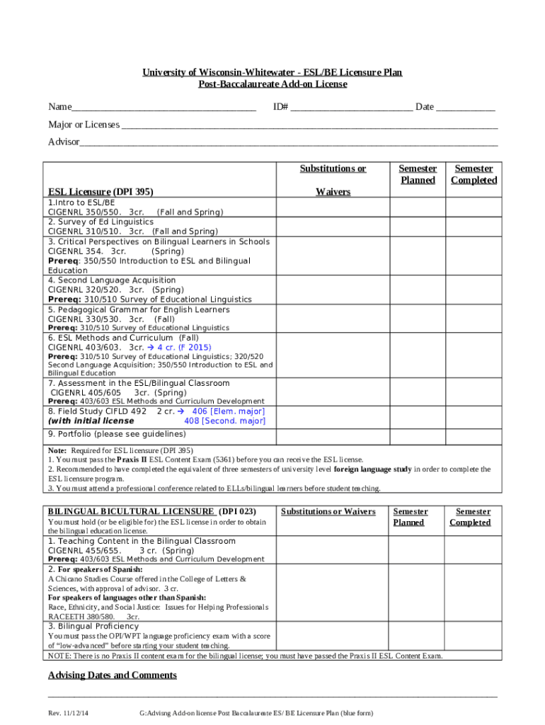 Planning s for Licensure University of Wisconsin Doc Template