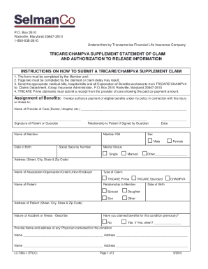 TRICARE/CHAMPVA Supplement Statement of Claim and Authorization