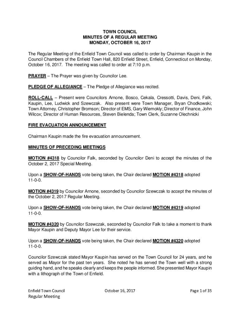 Fillable Online Council Chambers of the Enfield Town Hall, 820 Enfield Street, Enfield