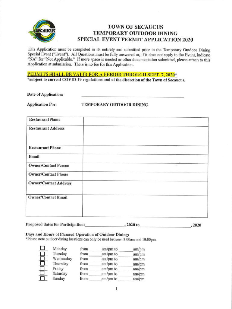 Fillable Online town of secaucus temporary outdoor dining special event