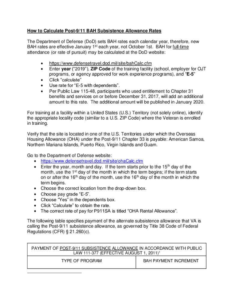Fillable Online How to Calculate Post9/11 BAH Subsistence Allowance
