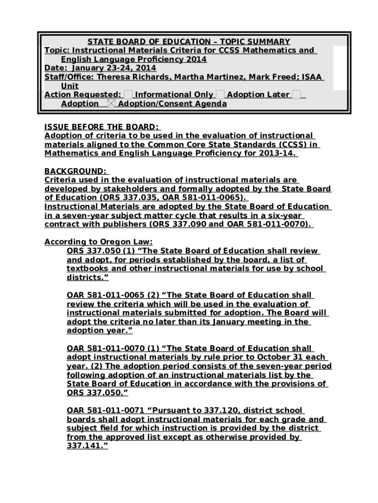 Instructional Materials Criteria for CCSS Oregon.gov Doc Template pdfFiller