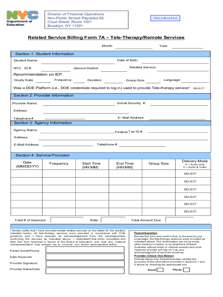 Related Service Billing Form - Tele-therapy Remote Services Preview on Page 1