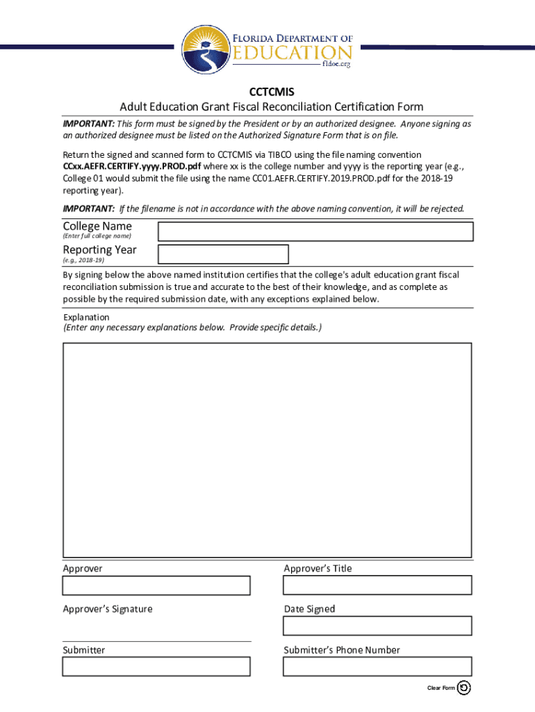 Fillable Online Adult Education Grant Fiscal Reconciliation