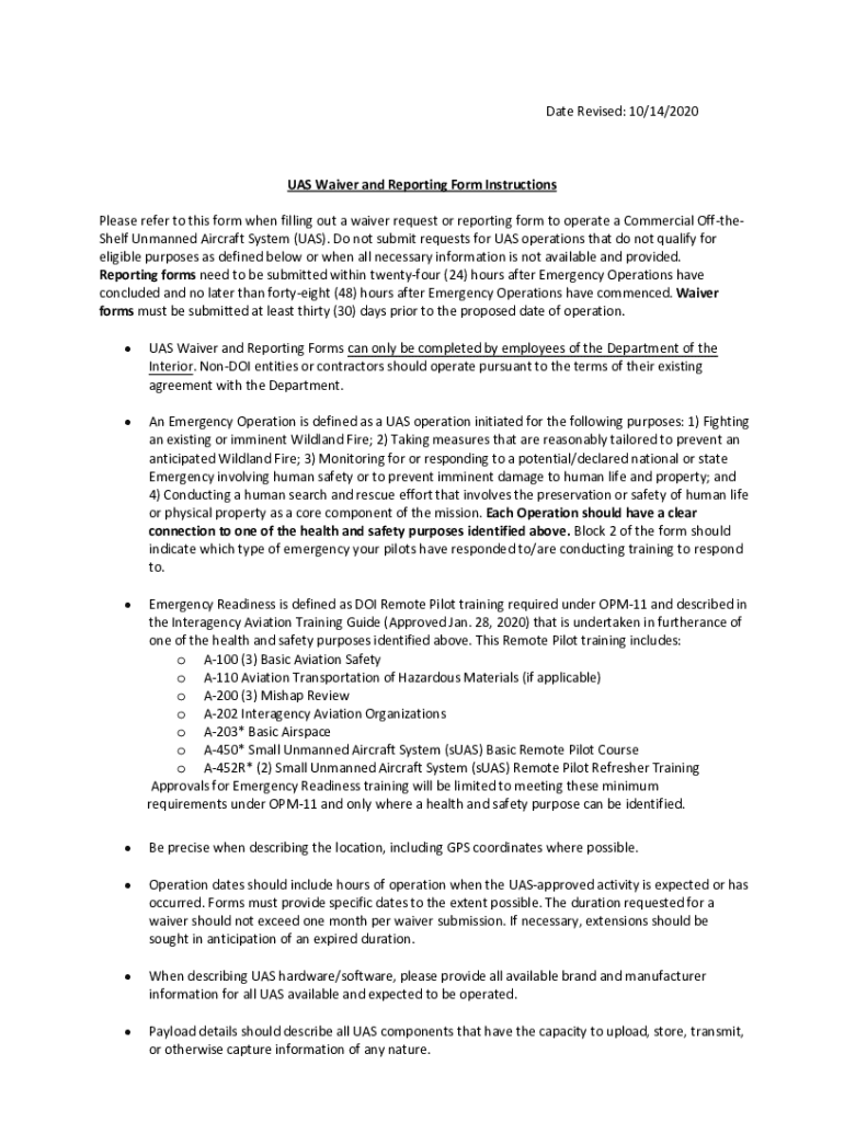 Fillable Online UAS Waiver and Reporting Form Instructions US