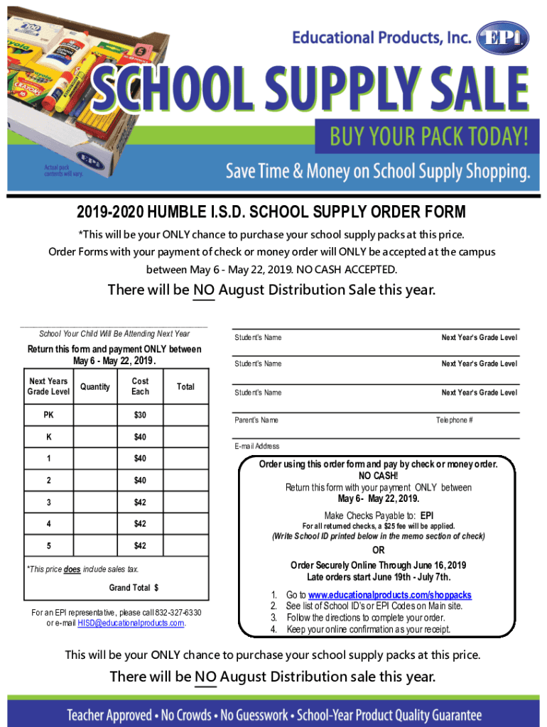 Fillable Online HUMBLE I.S.D. SCHOOL SUPPLY ORDER FORM Fax Email Print