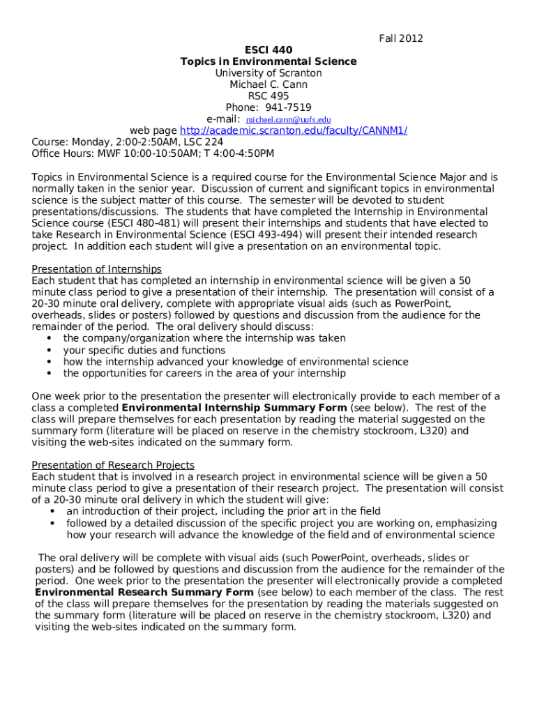 Esci 440 Environmental Topic Presentation Evaluation Doc Template 