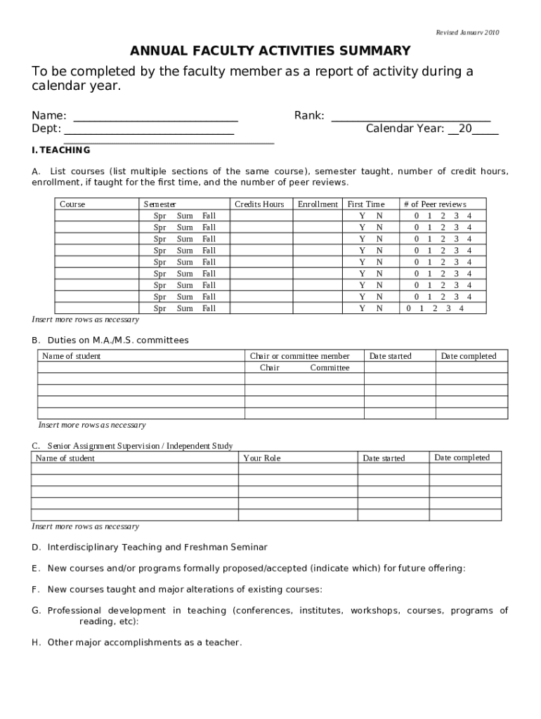 FACULTY ACTIVITIES SUMMARY Doc Template | pdfFiller