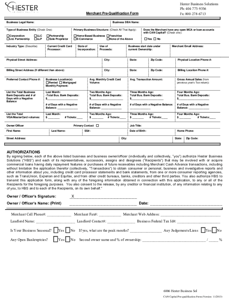 Merchant Pre-Qualification Form Fx: 800-278-6713 Preview on Page 1