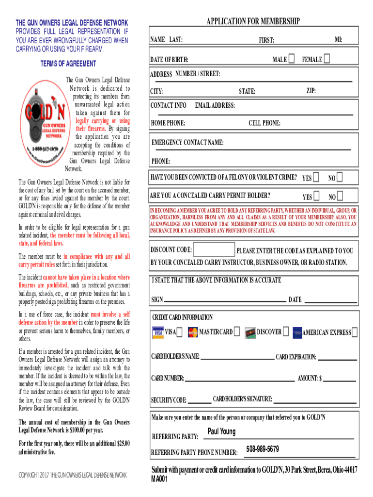 Fillable Online THE GUN OWNERS LEGAL DEFENSE NETWORK APPLICATION Fax