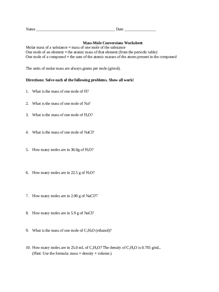 Mass Mole Conversions Worksheet Doc Template PdfFiller