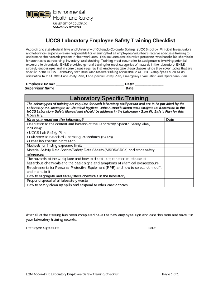 UCCS Laboratory Employee Safety Training Checklist Doc Template pdfFiller
