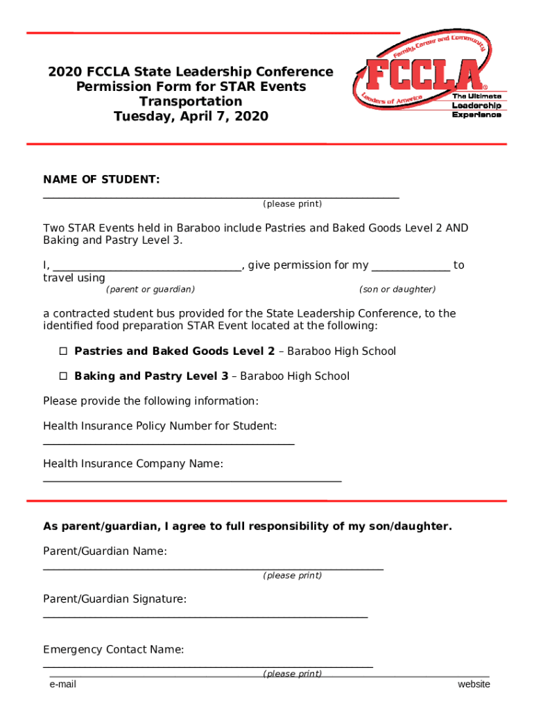 Transportation Permission Slip for FCCLA SLC STAR Event Transporation - Pastries and Baked Goods and Preview on Page 1