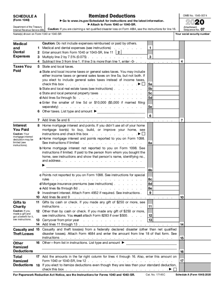 2020 Form IRS 1040 Schedule A Fill Online Printable Fillable Blank