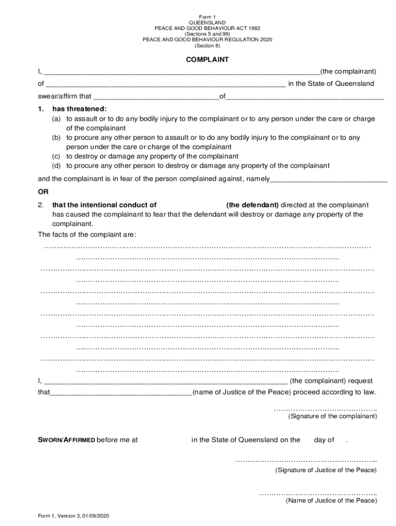 Peace and Good Behaviour Act 1982 - Form 1-Complaint Peace and Good Behaviour Act 1982 Form Preview on Page 1