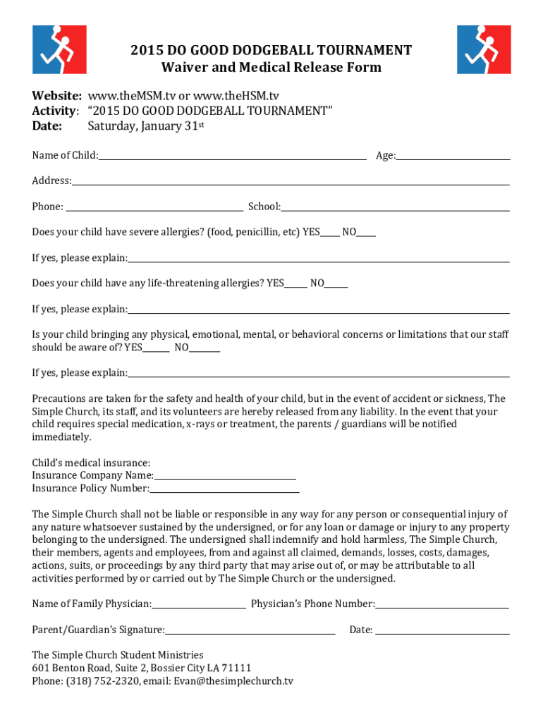 Fillable Online 2015 DO GOOD DODGEBALL TOURNAMENT Waiver Clover