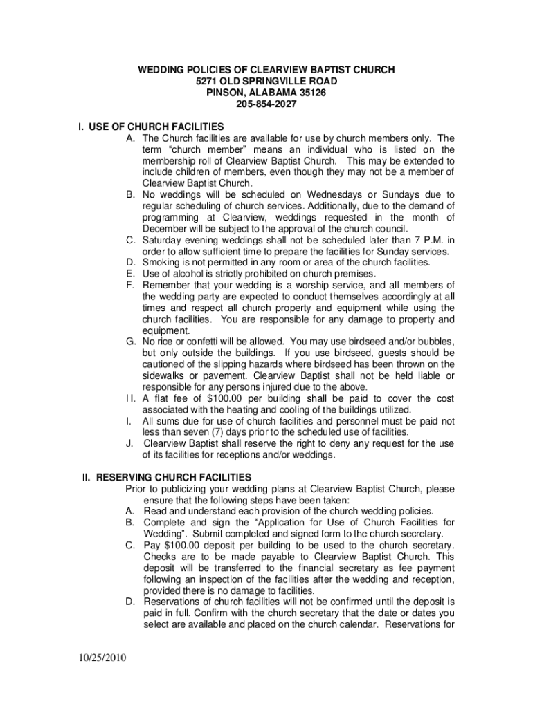 Fillable Online wedding policies of clearview baptist church - Clover ...