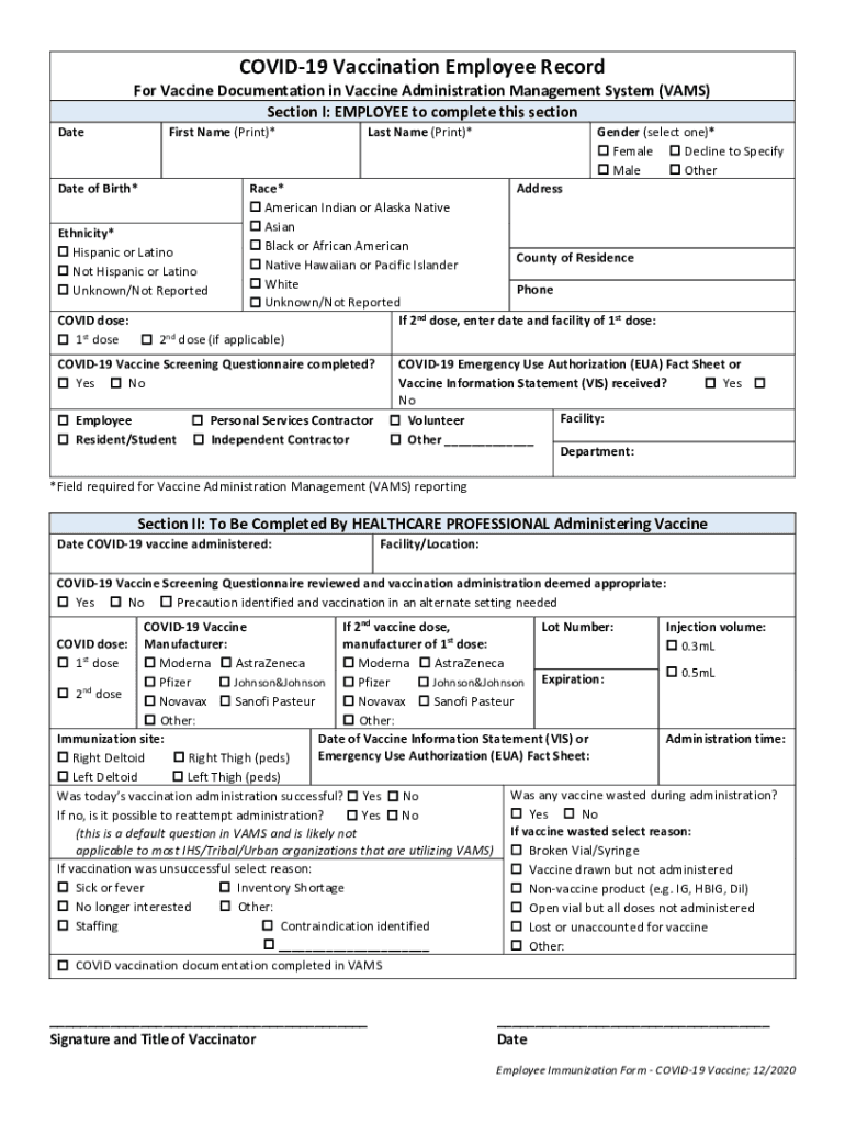 employee immunization record form Preview on Page 1