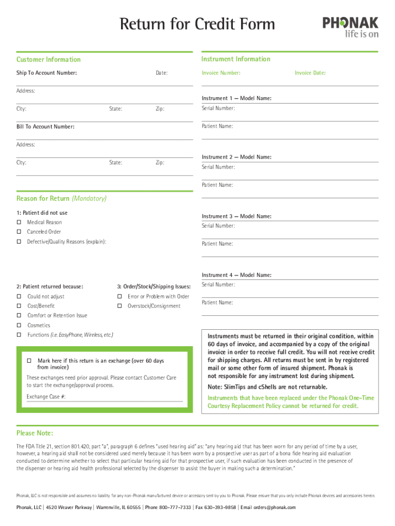 Fillable Online Phonak Return For Credit Form Fill Online, Printable