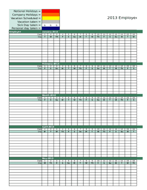 2013 employee attendance tracking calendar