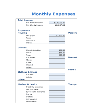 monthly expenses sheet