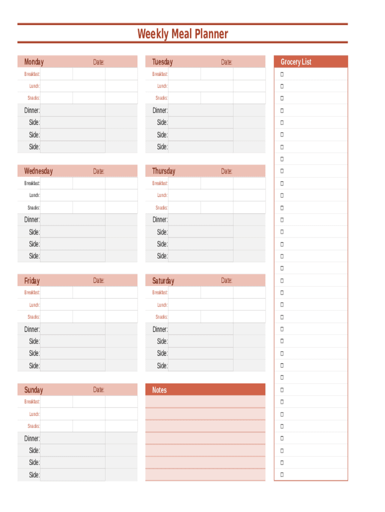 7 day family meal plan template Preview on Page 1