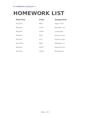 Homework Calendar Template