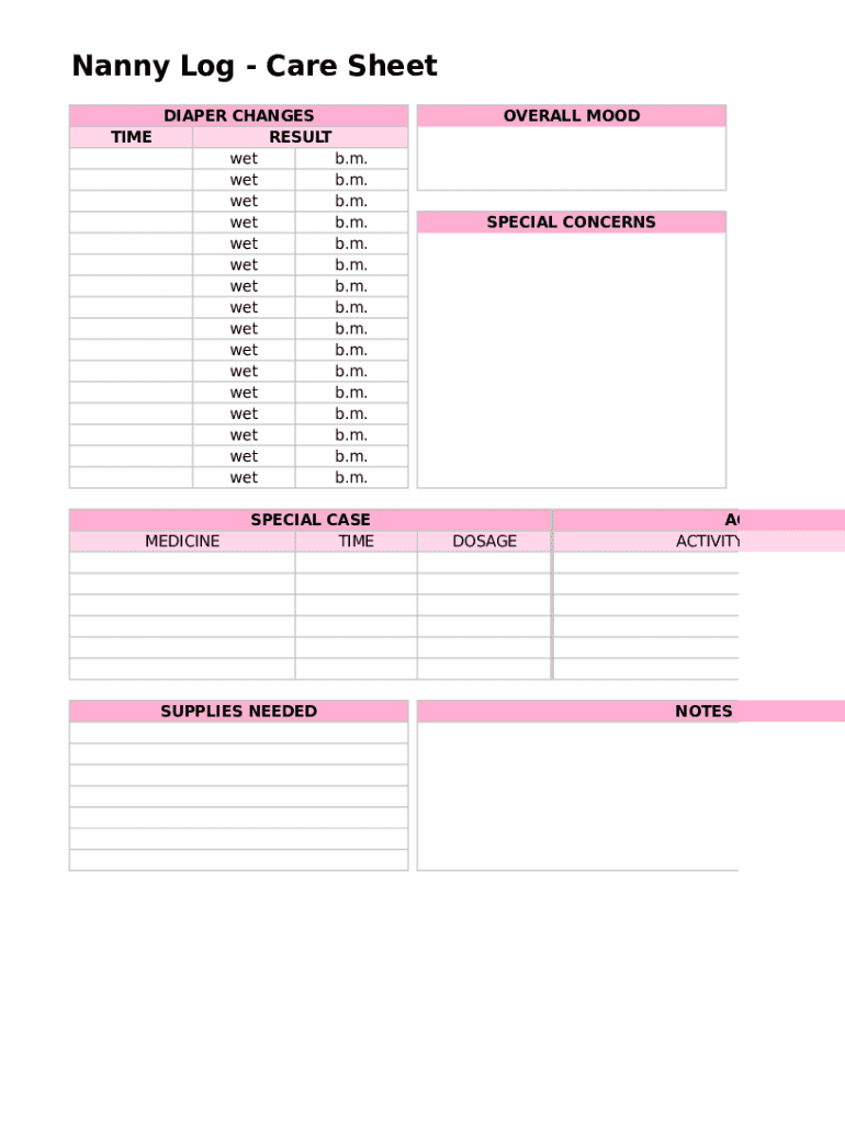 Fillable Online Printable Nanny Log Template My Excel Templates Fax Email Print Pdffiller