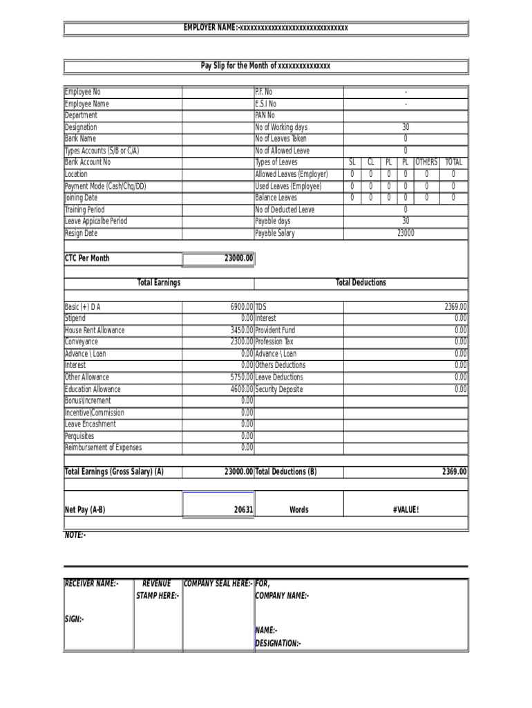 Salary Slip Pay Slip Fill And Sign Printable Template Online US