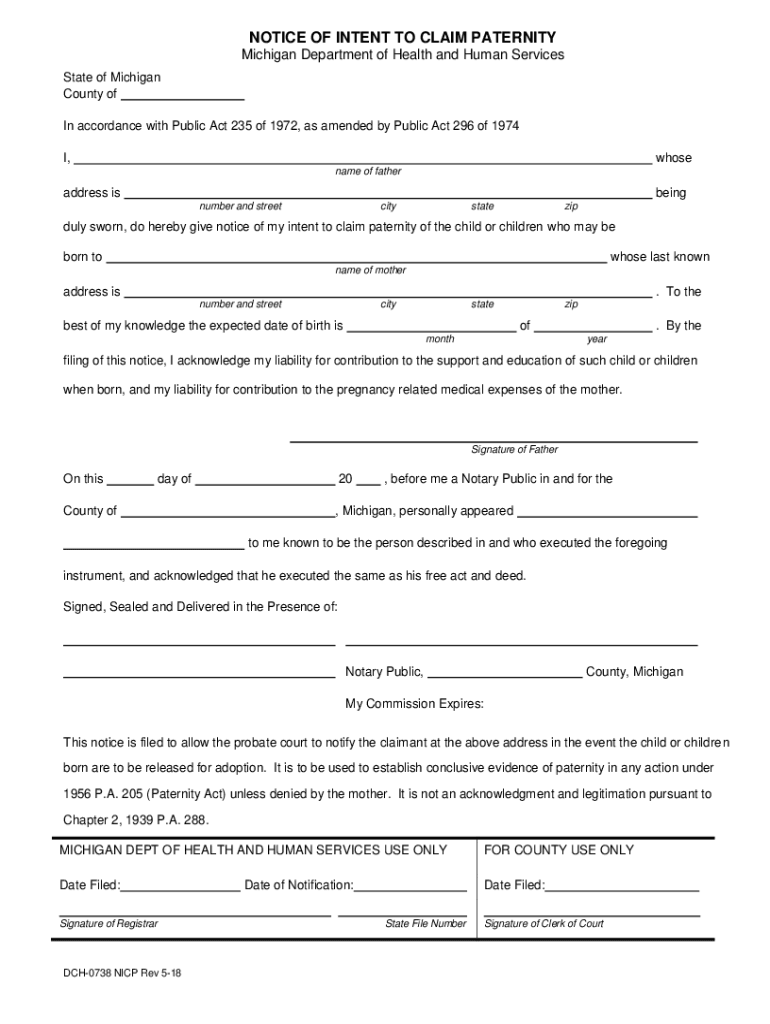 NOTICE OF INTENT TO CLAIM PATERNITY Michigan Department of Preview on Page 1