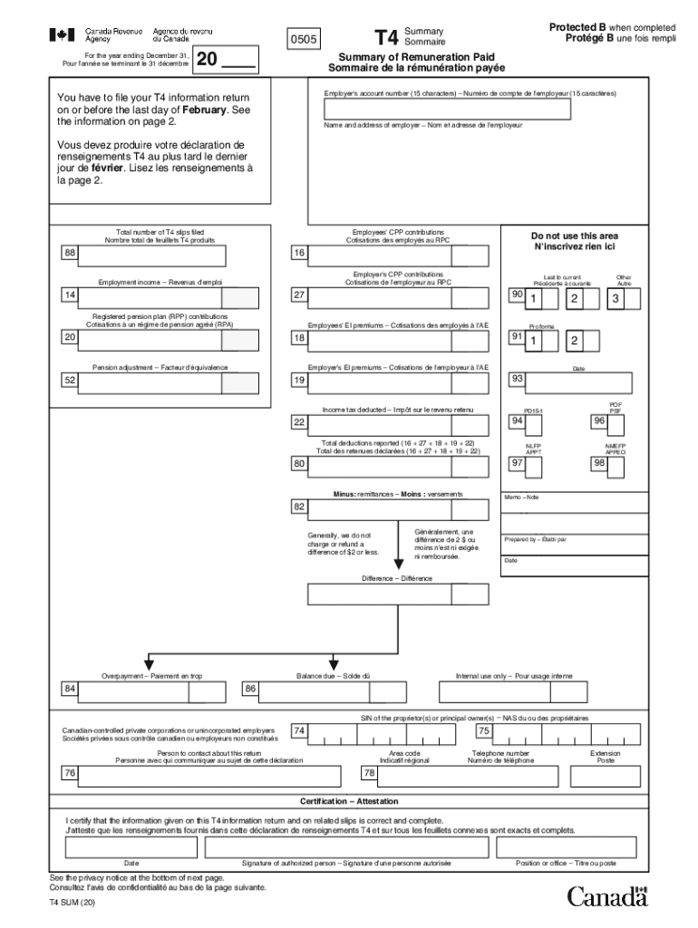 Canada T4 Summary 2020 2022 Fill And Sign Printable Template Online