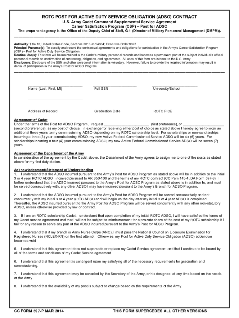 Army Cadet Command Supplemental Service Agreement Preview on Page 1