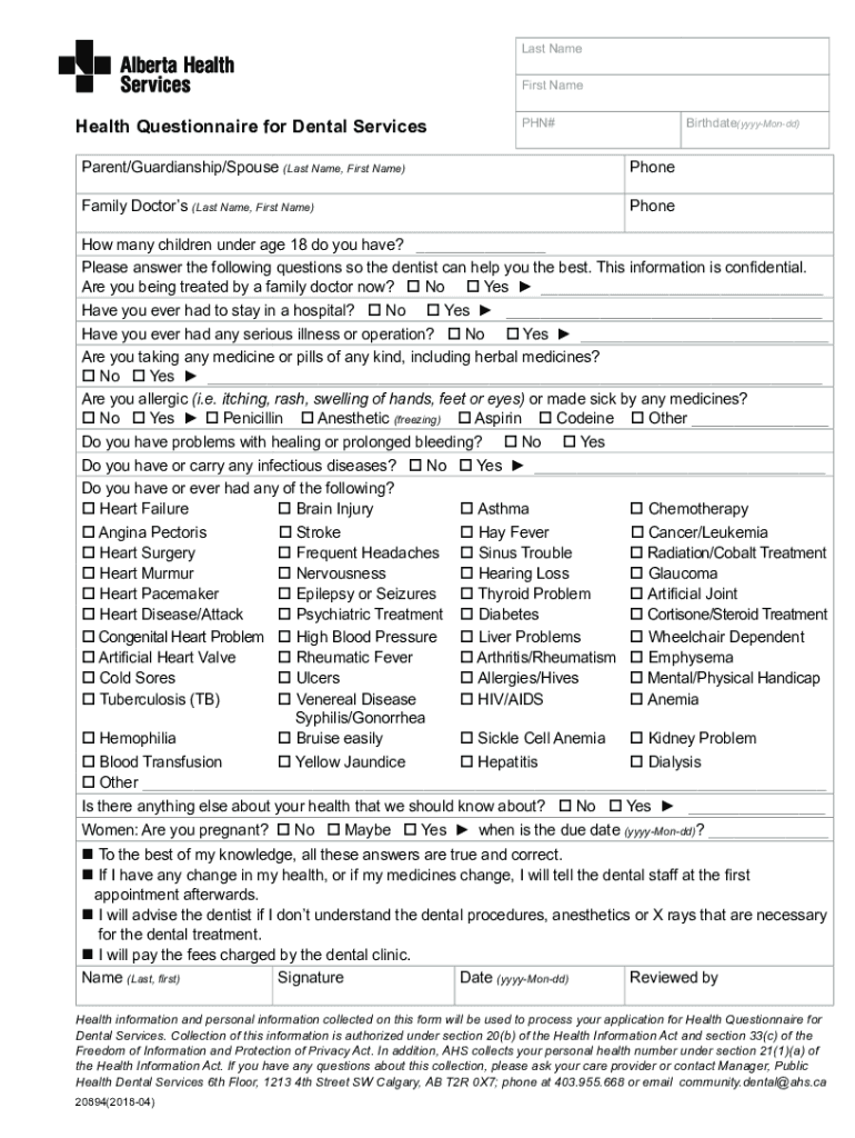 Fillable Online Health Questionnaire for Dental Services form