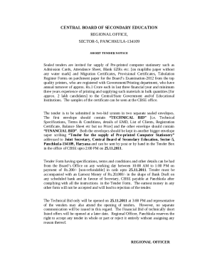 Tender for the supply of Pre-printed Computer Stationery - CBSE