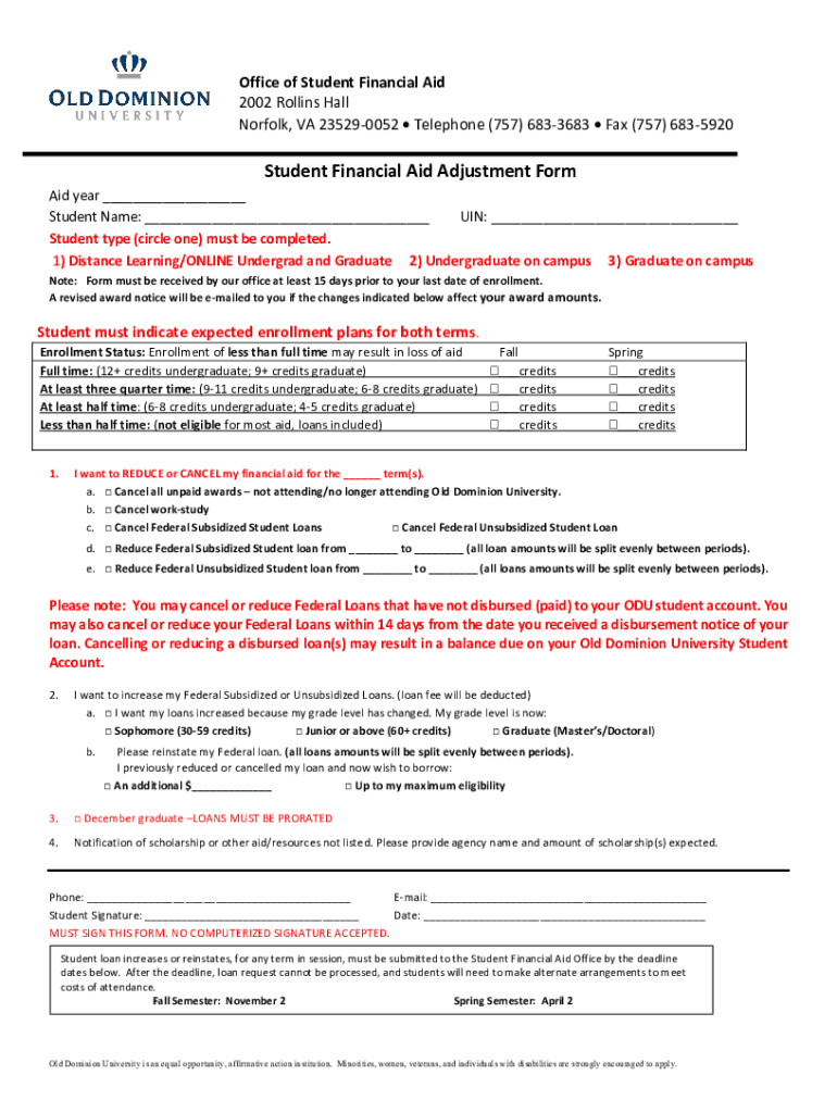 Fillable Online Student Financial Aid Adjustment Form ODU Fax Email