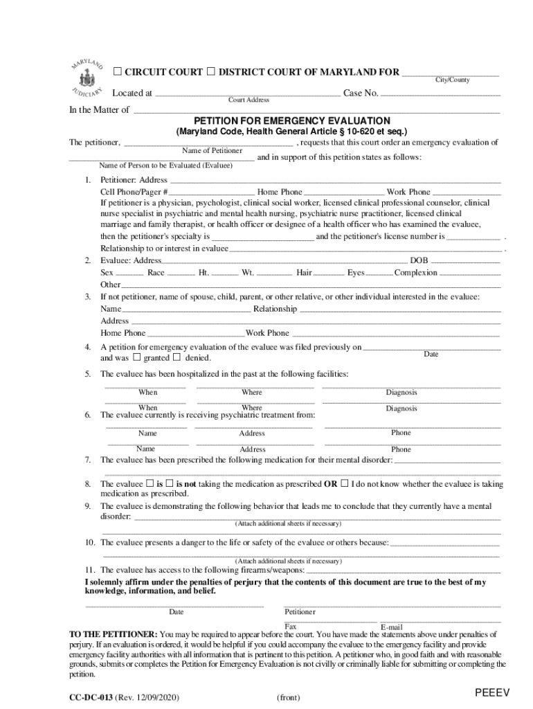 maryland emergency evaluation form Preview on Page 1