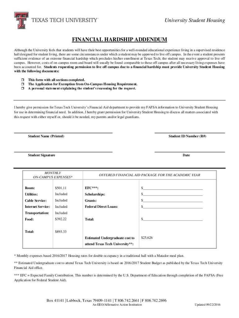 Financial Hardship Addendum - Texas Tech University Departments Preview on Page 1