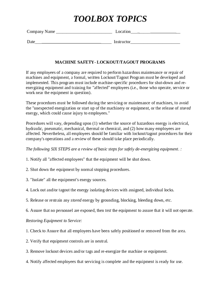 Lockout / Tagout Safety Program Doc Template pdfFiller