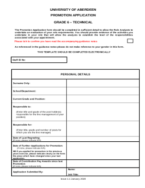 The Promotion Application form should be completed in sufficient detail to allow the Role Analysts to undertake an evaluation of your role requirements