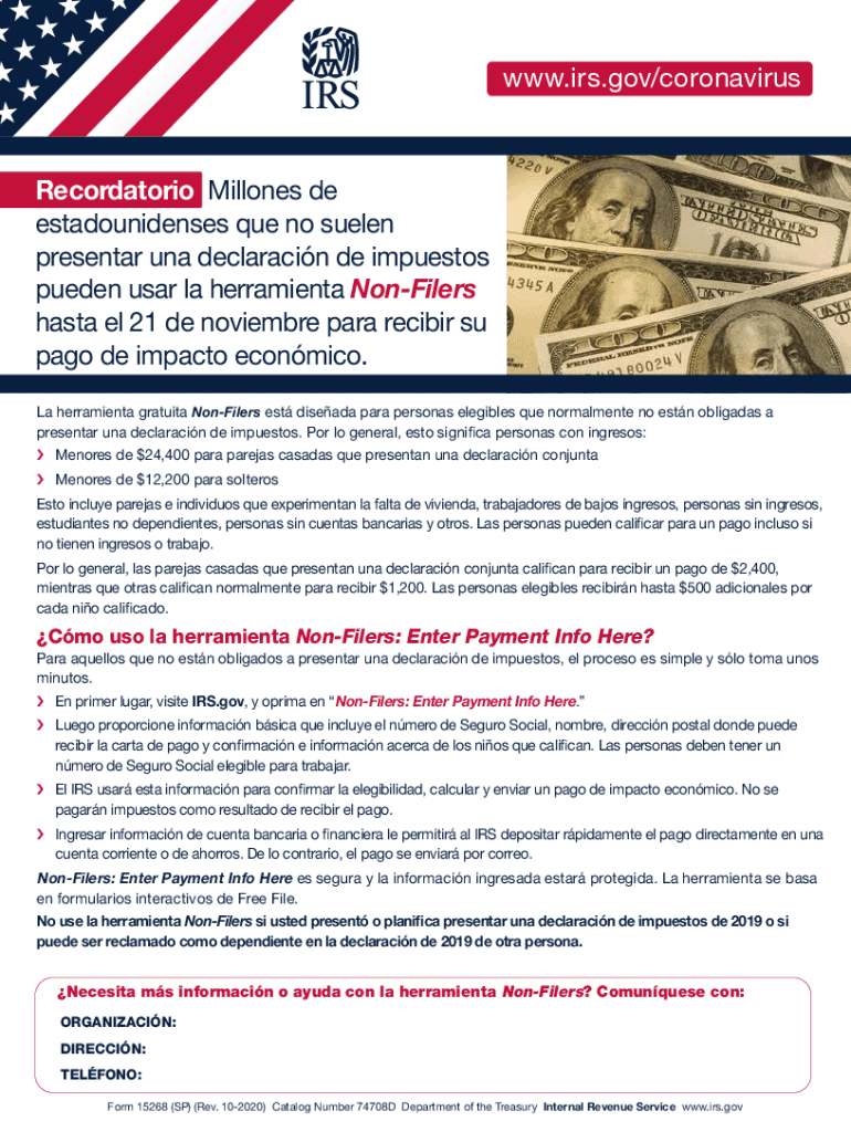 Form 15268 (SP) (Rev. 10-2020). Economic Impact Payment (EIP) Non-filers Customizable for Partners (Spanish Version) Preview on Page 1